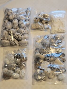 Assorted White and Silver Tone Beads and Charms Lot 5 Bags 1.4 Lbs